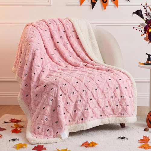 Remagr Halloween Sherpa Throw Blanket 3D Ghost Pumpkin Blanket Double-Sided Thick Soft Plush Fluffy Spooky Halloween Decoration for Couch Bed Sofa Holiday Party Gifts 50 x 60 (Pink Ghost)