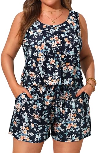 Image of Women Romper Swimsuit - One Piece Bathing Suit with Shorts with Pockets | Built-in brief, Modest, Boyleg, Padded bra, Drawstring, Full lining, Ribbed