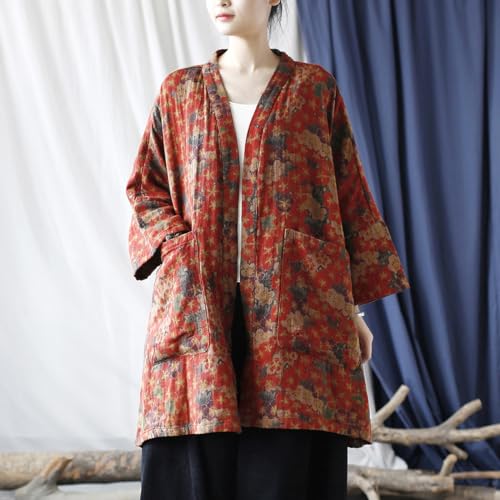 Ystylee Women Vintage Kimono Jacket Colorful Printed Open Front Cardigan Fall Outwear Dust Coat with Pocket4