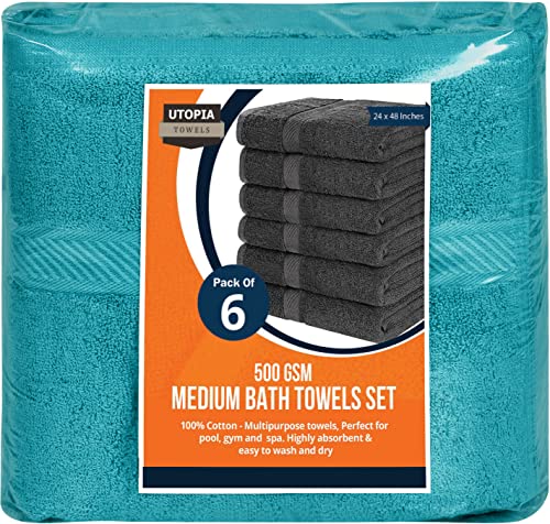 Image of Utopia Towels 6 Pack Medium Bath Towel Set, 24 by 48 Inches, 500 GSM 100% Ring Spun Cotton, Lightweight and Highly Absorbent Quick Drying Premium Towels for Hotel, Spa and Bathroom, Turquoise