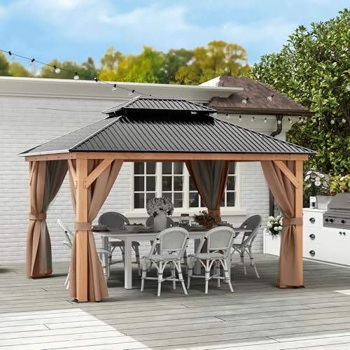 LUXIJOY 11x13 Wood Gazebo, Outdoor Hardtop Gazebo with Netting and Curtains, Double Galvanized Steel Roof, Deck Hard Top Gazebo for Backyard, Patio (Brown)