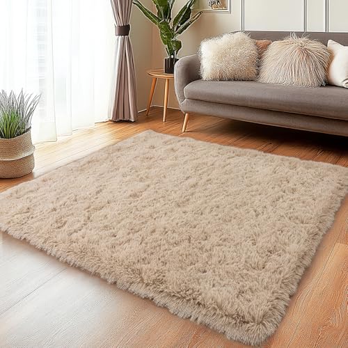 Beige Rugs for Bedroom 3x5 Feet - Ultra Soft Faux Fur Area Rug - Plush Non-Slip Shaggy Carpet for Living Room, Cozy Fluffy Rug for Kids Boys Girls Dorm Nursery Room, High Pile Floor Carpet