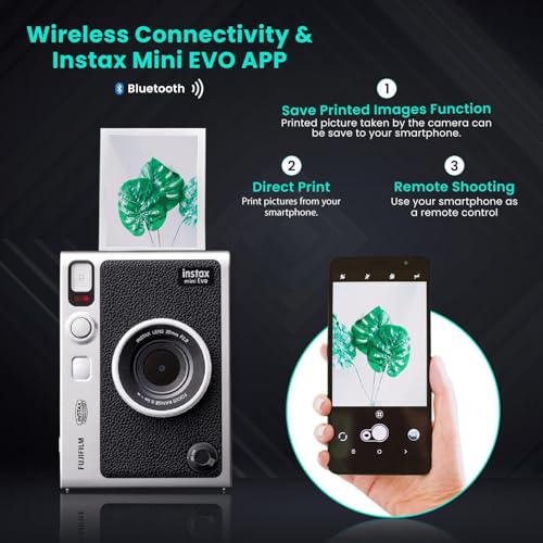 Image of Fujifilm Instant Mini EVO Hybrid Camera Bundle with 20 Instant Film Sheets + 32GB Memory Card + Carrying Case + Flex Tripod + BluebirdSales Cleaning Cloth (Black)