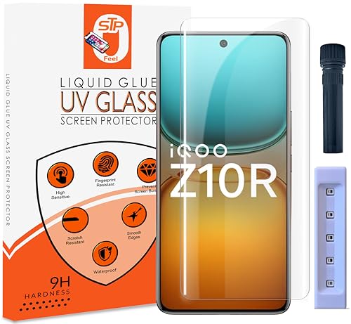 Image of UV Advanced Tempered Glass Screen Protector Guard Compatible For IQOO Z10R 5G (6.77 Inch, Pack of 1) Full Adhesive UV Curved Case Friendly HD Clarity with easy installation kit