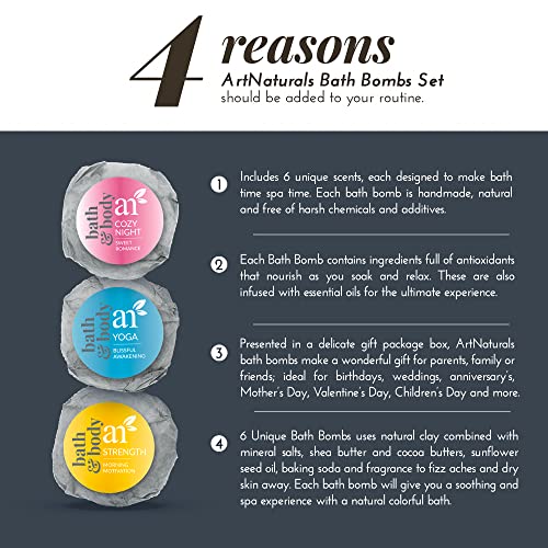 Artnaturals Bath Bombs Gift Set - 6 Bubble Bath Bomb Fizzies - W/ Essential Oils, Shea & Cocoa Butter - Aromatherapy For Spa & Relaxing - For Moisturizing Dry Skin - For Women, Kids & Men #TOP1