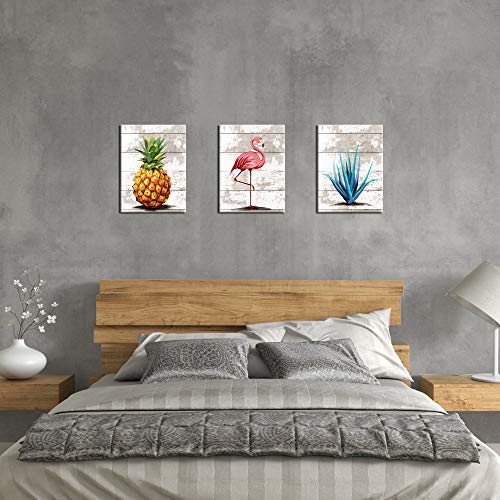 Levvarts - Rustic Canvas Prints Wall Art Tropical Pineapple Pink Flamingo Botanical Succulent Painting Wood Texture Picture Print On Canvas Stretched And Framed Bathroom Room Decor (12X16Inchx3Pcs) #TOP2