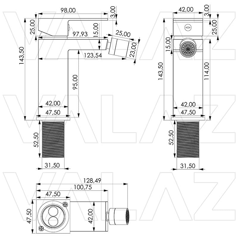 Rubinetto bidet monocomando quadrato dorato spazzolato serie Secura