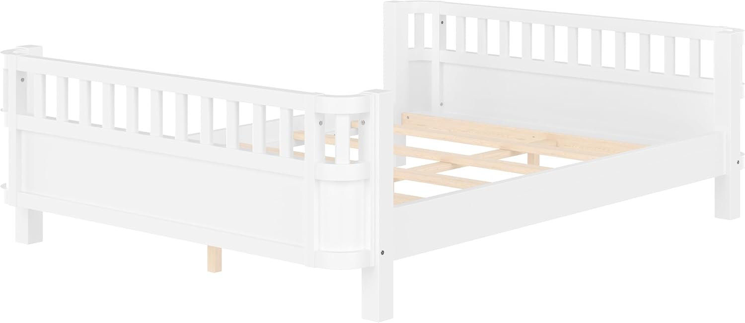 Full Size Wood Platform Bed with Safety Guardrails for Kids Teens, Detachable Fence Bedroom Furniture for Girl Boy, Sturdy Slat Support No Box Spring Needed. (White)