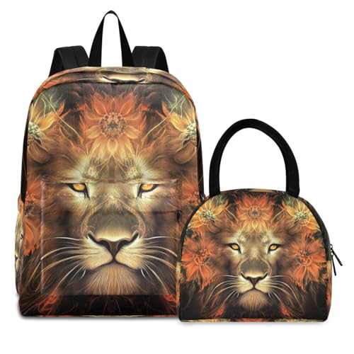 Fractal Lion Print Backpack Set with Lunch Bag, Large Capacity Travel Backpacks and Lunch Box Insulated for Commute Hiking Picnic