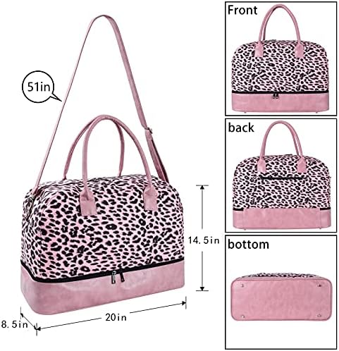 Women Travel Duffle Bag Carry On Tote Weekender Overnight Bag with PU Leather Shoulder Strap and Shoe Compartment Pink Leopard 20 Inch 4 Women Travel Duffle Bag Carry On Tote Weekender Overnight Bag with PU Leather Shoulder Strap and Shoe Compartment Pink Leopard 20 Inch