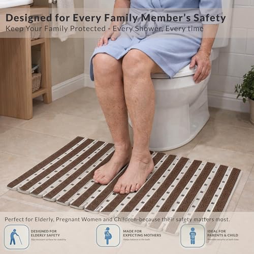 Image of HOMEZE TPE Anti-Slip Shower Mat - Elevate Your Bathing Experience | Strong Suction Grips & Drain Holes | Anti-Skid Bath Mat for Elderly | Premium Bathtub & Shower Area Mat (68x38 cm)