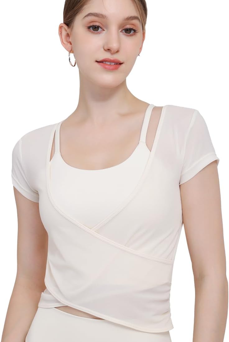 Harssidanzar Yoga Short Sleeve Two-piece set for Women Mesh Gym Athletic Tops Workout Shirts with Sports Bra CL305US - Image 7