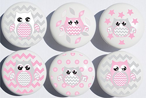 Pink Owl Drawer Pulls/Owl Ceramic Woodland Forest Animal Nursery Cabinet Knobs, Set of 6 (Pink Owls)