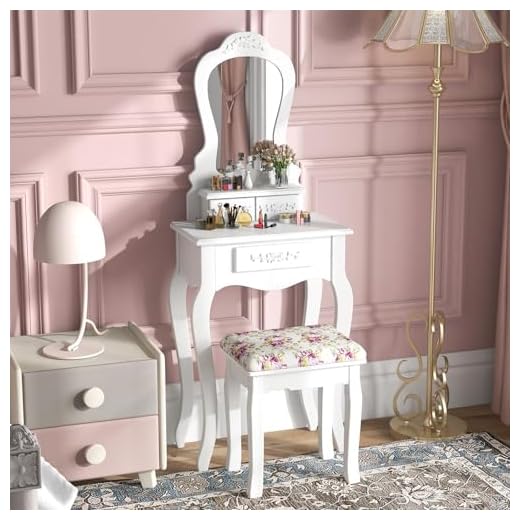 Giantex Vanity Set with 3 Drawers and Cushioned Stool, Makeup Dressing Table for Bathroom Bedroom Small Space, Vanity Table and Bench for Kids Girls Women Gifts (White)
