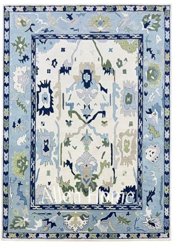 Allen Home Hand Tufted Oushak Wool Rugs - Pastel Ushak Area Carpets Suitable for Living Room, Bedroom, Dining Room - Natural Latex Backing with 100% Cotton - Oushak Caroline Blue & Beige - 3’ x 5’