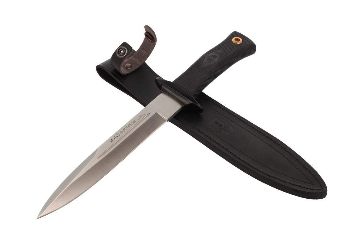 Muela Cuchillo SCORPION-19W hoja de acero ACX-380 de 19 cm y empuñadura de goma para Caza, Pesca, Supervivencia y Bushcraft Realizado en Ciudad Real + Portabotellas de regalo