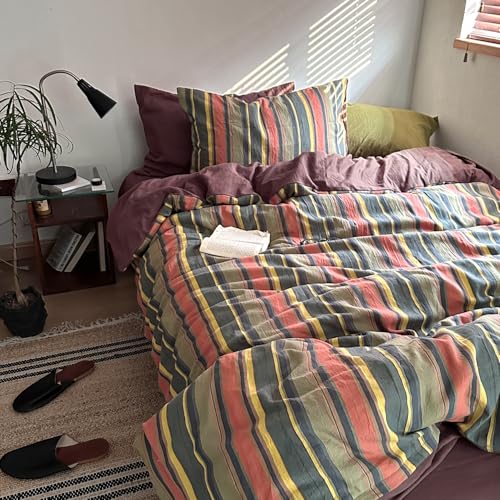 Image of VM VOUGEMARKET Multi-Color Striped Duvet Cover, Full Size | Farmhouse Style, Washed Cotton,Red Green Stripes, 1 Duvet Cover with 2 Pillowcases