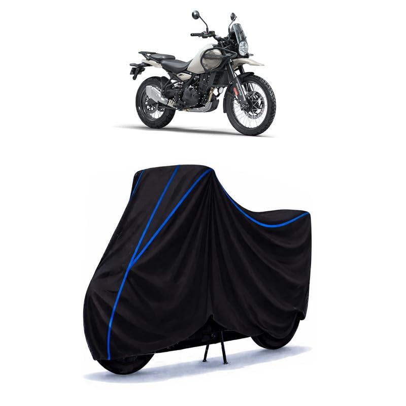 Image of Himalayan 450 Bike Cover Water Resistant Universal Motorcycle Rain | Heavy Duty UV Protection, Dust, Scratch Indoor Outdoor All Weather with Black Blue Piping Elastic