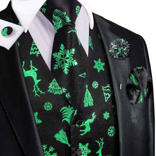 Hi-Tie Black Green Reindeers Christmas Vest and Tie Set For Mens Print Shiny Suit Waistcoat Necktie Xmas Holiday Party Tuxedo Vest2