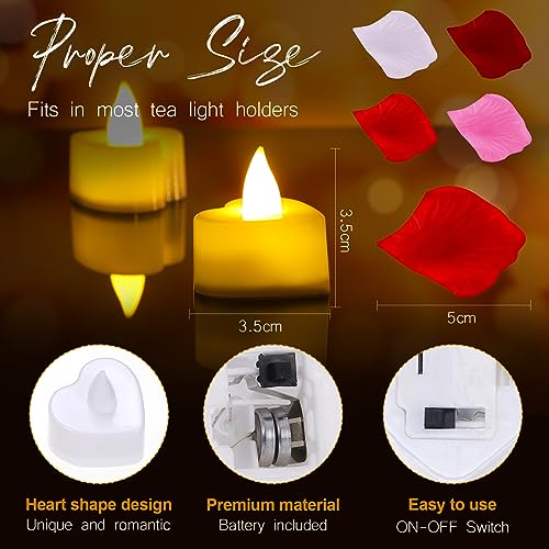 Image of Honoson 1000 Pieces Artificial White Yellow Rose Petals with 24 Pcs Flameless Heart Shaped LED Tealights Candles Special Romantic Night Decorations for Proposal Wedding Anniversary Table Decor