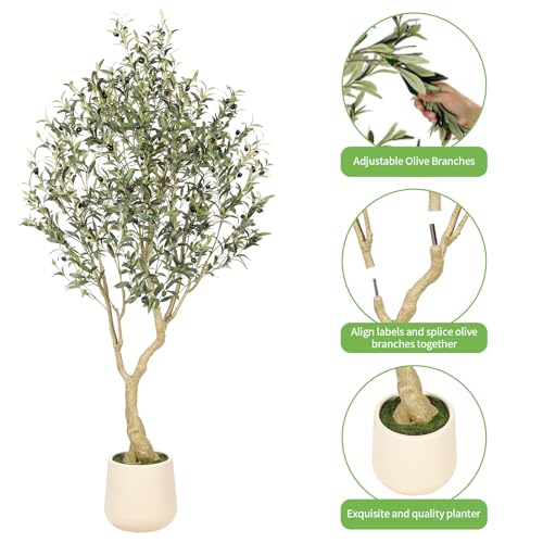 Realead 6ft Artificial Olive Tree with Tall Exquisite Planter - Realistic Faux Olive Tree with Thick Trunk and Lifelike Fruits - Large Fake Olive Tree for Home Office Decor - Image 6