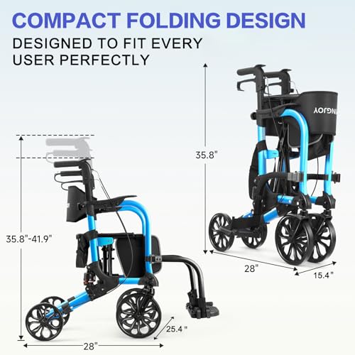 Image of Foldable Rollator Walker with Seat for Seniors,Lightweight 2-in-1 Rolling Walkers and Wheelchair Combo with Adjustable Handle Height,Transport Chair with Brakes 300 lbs Weight Capacity