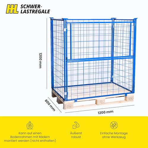HHL Euro-Gitterbox mit klappe | Gitteraufsatzrahmen H1200 x B1200 x L800mm für aufbewahrung| Faltbarer Gitterrahmen für Euro-palette | Gitterbehälter aus Stahl | Gitterboxen für Holz, Lager | Blau