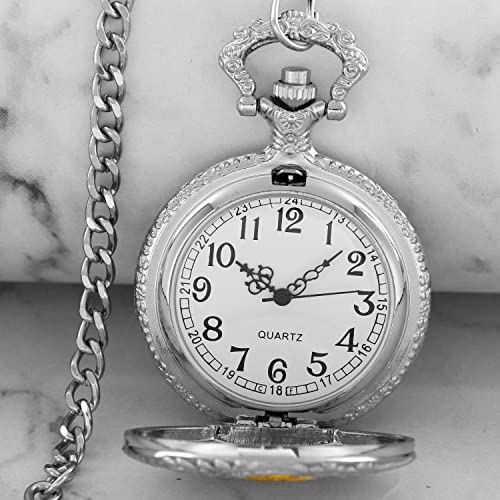 Hollow Quartz Right Locomotive Sliver Gold Quartz Pocket Watch For Men,Arabic Numerals White Dial Pocket Watches For Men, Men's Quartz Pocket Watch With Chain - Sliver Gold #TOP3