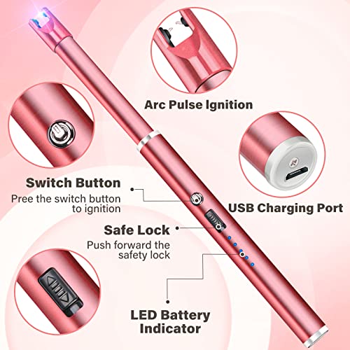 Image of Electric Candle Lighter Windproof USB Rechargeable Flameless Long Neck Lighter for Candles Gas Stove Fireplace BBQ Kitchen Grills (Gold) (Rose Pink)
