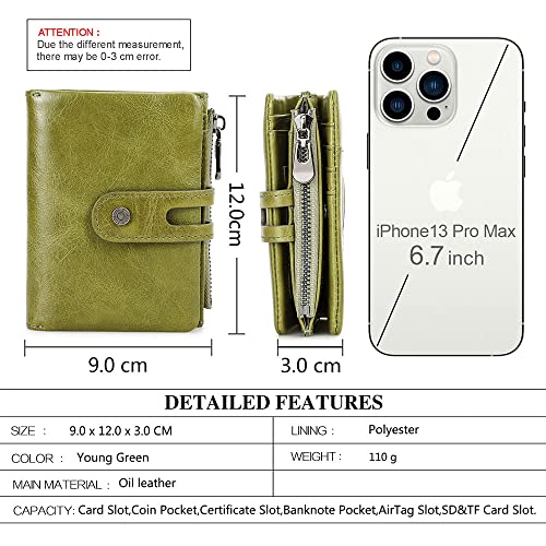 Contacts Womens AirTag Bifold Wallet Leather, Minimalist Leather Credit Card Purse for Women Small Coin Zipper Pocket with RFID Blocking (Green)3