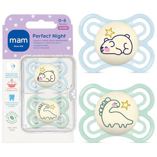 Image of MAM Perfect Baby Pacifier 0-6 Months, Extra Thin Nipple, Developed with Orthodontists, Clinically Proven, Glows in The Dark, BPA-Free Silicone, Pack of 2, Made in Europe