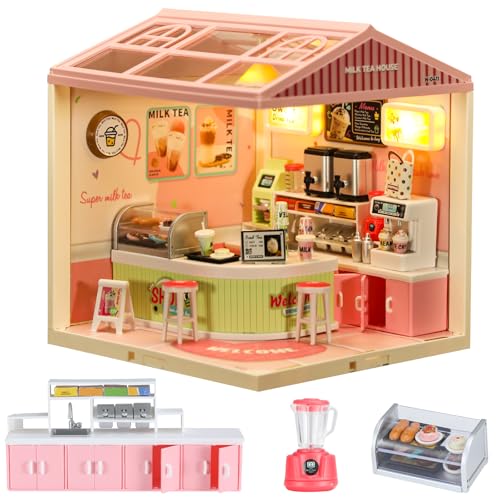 OneChois Tiny House Book Nook - Conjunto de bricolage para adultos com luzes, acessórios para casa de bonecas para loja de chá de leite, quebra-cabeças 3D com puzzle com, perfeito para crianças a