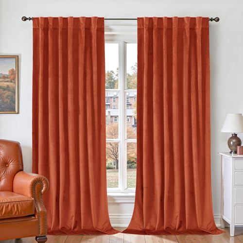 BGment Terracotta Velvet Curtains 84 Inches - Burnt Orange Fall Decor Luxury Super Soft Thermal Insulated Blackout Back Tab and Rod Pocket Curtains & Drapes for Living Room 2 Panels 52 x 84 Inch