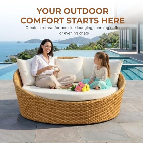 Image of DEVOKO Outdoor Wicker and Rattan Daybed Furniture Set in Beige & White, Perfect for Outdoor, Poolside, Garden, Balcony, Porch, Backyard, Terrace, Patio, Beach Round Sofa, 1 Seater