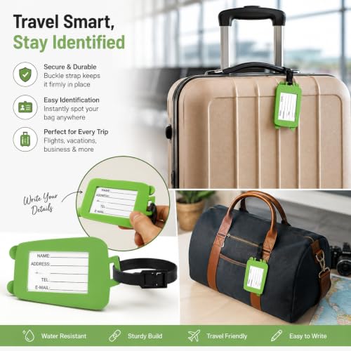 Image of Pack of 5 Luggage Tags | Suitcase Luggage Tag | Travel ID Label Multiple Colors Silicone with Strap Name Address Card Holder for Travel School