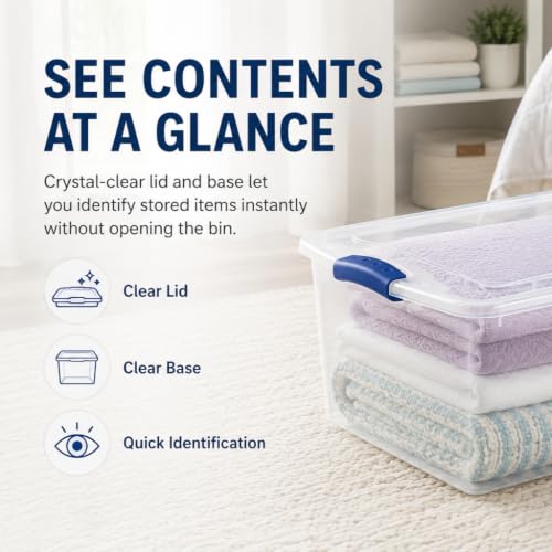 Image of 32 Quart Clear Latching Storage Bin with Lid, Under Bed Storage Container, Stackable Plastic Bin for Linens, Seasonal Clothes