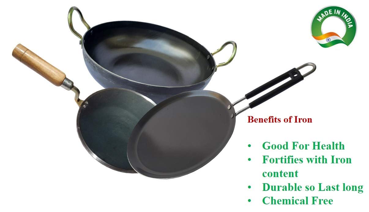 LooksGood Indian Iron cookware Combo Wooden Handle Tawa (3 mm Thickness) + Fry Pan (23 cm) + Kadahi (27 cm) (Iron)