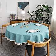 NEKKA Round Tablecloth, Decorative Solid Color Table Cover, Cotton Linen Tassel Desk Cover for Kitchen Dining Tabletop Decoration, Diameter 70", Green