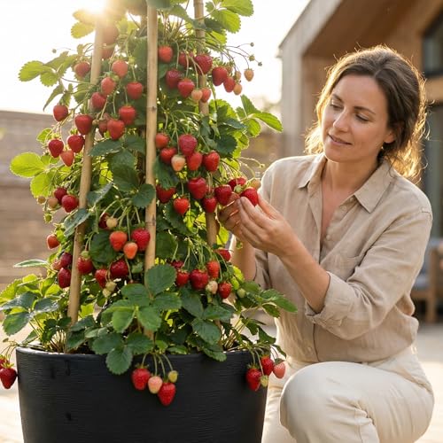 Fresa trepadora - Arbusto de fresas (5 plantas rojas) - Ideal para balcones, terrazas, pequeños jardines - Apto para macetas y terreno abierto