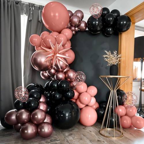 Image of Rose Gold Black Balloons Kit, 120Pcs Metallic Confetti Arch with Star Foil