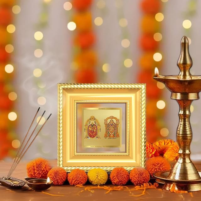 Image of DIVINITI Lord Tirupati Balaji & Goddess Padmavati 24K Gold Plated Foil Tabletop Photo Frame for Home Decor, Puja Room, Luxury Gifting | DG Frame 015 S1A (10x10 CM)