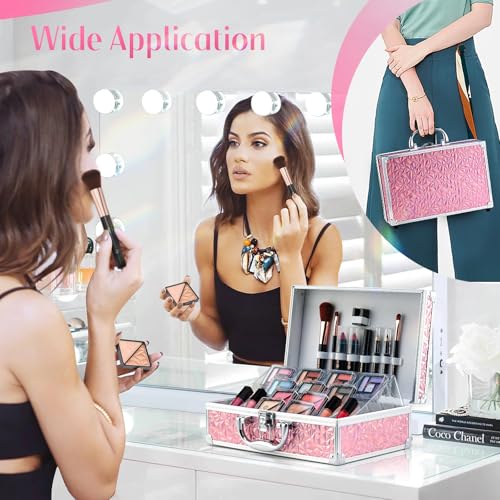 color nymph starter makeup kit for tweens girls train case for women full kit with eye shadow lipstick blush brushes lipgloss mascara brow wax and mirror pink full starter cosmetics set