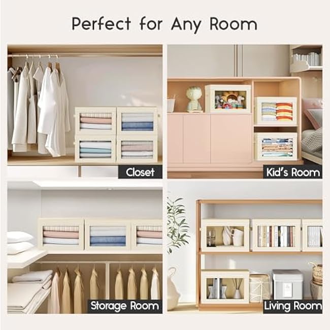 Collapsible Storage Bins with Lids - Stackable Storage Containers with Window, 6 Pack Fabric Organizing Bins for Closet, Home & Office Organization Baskets, Beige, 14.9 x 9.8 x 9.8