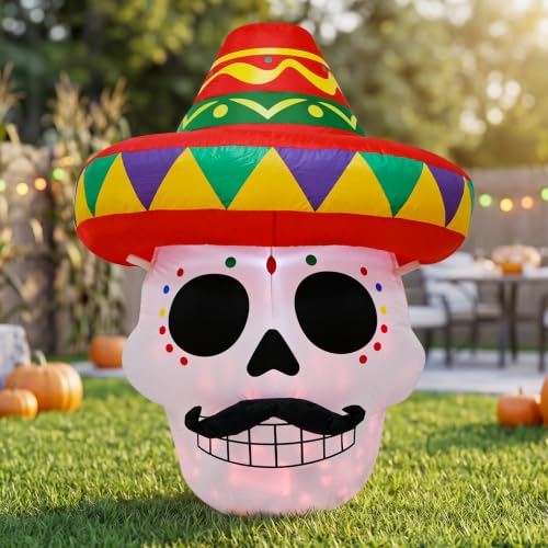 4.5FT Halloween Inflatable Day of the Dead Sugar Skull Sombrero with LEDS - image 1