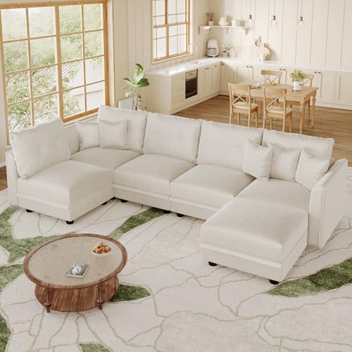 Image of LLappuil Modular Sectional Sleeper Sofa with Storage, U Shaped 6-Seat Corduroy Couch with 5 Throw Pillows, Convertible Sofa Set for Living Room & Small Space, Skin-Friendly & Soft, Beige