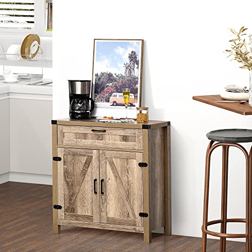 Homcom Farmhouse Sideboard, Wooden Accent Buffet Cabinet With Drawer And Adjustable Shelf For Kitchen, Oak #TOP1