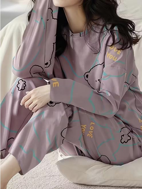 Image of Lunza Women's Cotton Blend Pajama Set, Short Sleeve T-Shirt and Shorts, Cute Bear Print Nightwear