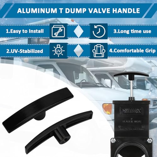 Image of 2pcs Aluminum RV Dump Valve Handles, Fit for Valterra T1003-6MN | Metal T handle upgrade, black finish, fits gray & black water gate valves, fits 1 1 /2 inch and 3 inch water tank gate