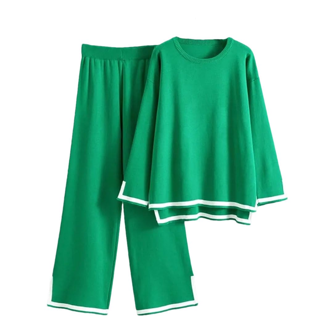 Elegante maglia a maniche lunghe da donna, set da 2 pezzi, pullover e maglione, con spacco, gamba lunga e larga