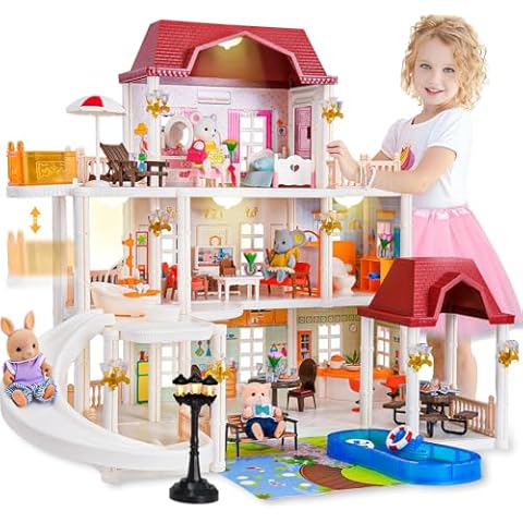 Tacobear Doll House for Girls Toddler Toys with 4 Doll Toy Figure, Pool Slide, Elevator, Furniture, Pretend Play Dream Dollhouse Playset with Lights Gifts for Kids Girls Age 3 4 5 6-12 Year Old Cover